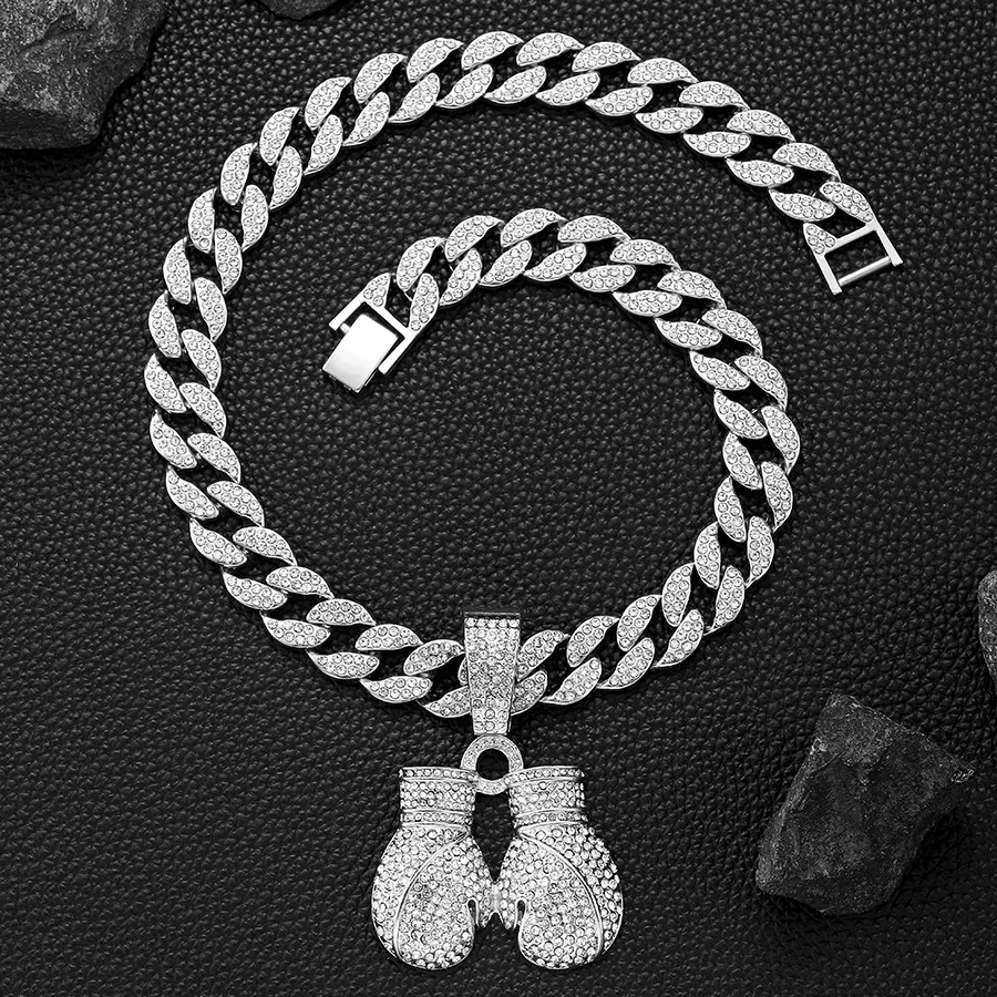 Hip Hop Full Diamond Boxing Gloves Alloy Pendant European and American Trend Personality Men Cuban Chain Necklace Jewelry Manufa