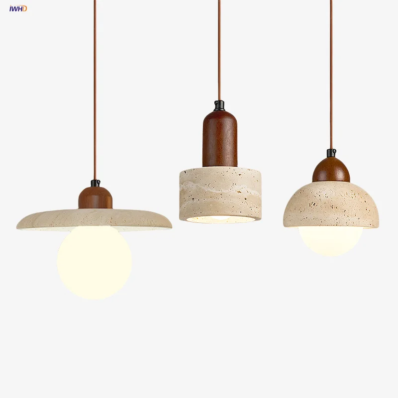 

IWHD Nordic Modern LED Pendant Lamp Living Room Balcony Coffee White Glass Natural Wood Yellow Travertine Hang Lights Hanglampen