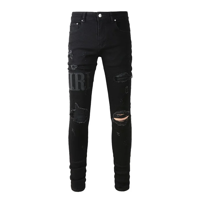 Men's High Street Black Jeans Embroidered Leather Letters Skinny Stretch Jeans