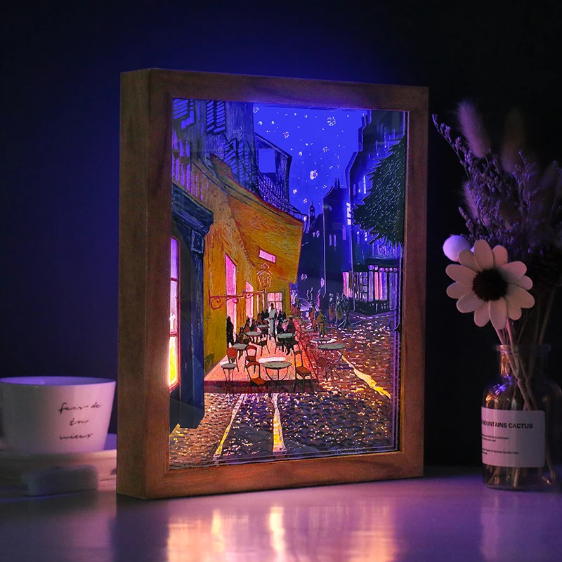 Shadow Box Frame With Led Wall Lamp Van Gogh Oil Paintting Picture Frame 3D Paper Sculptures Desk Lamp Lights Decoration Gifts