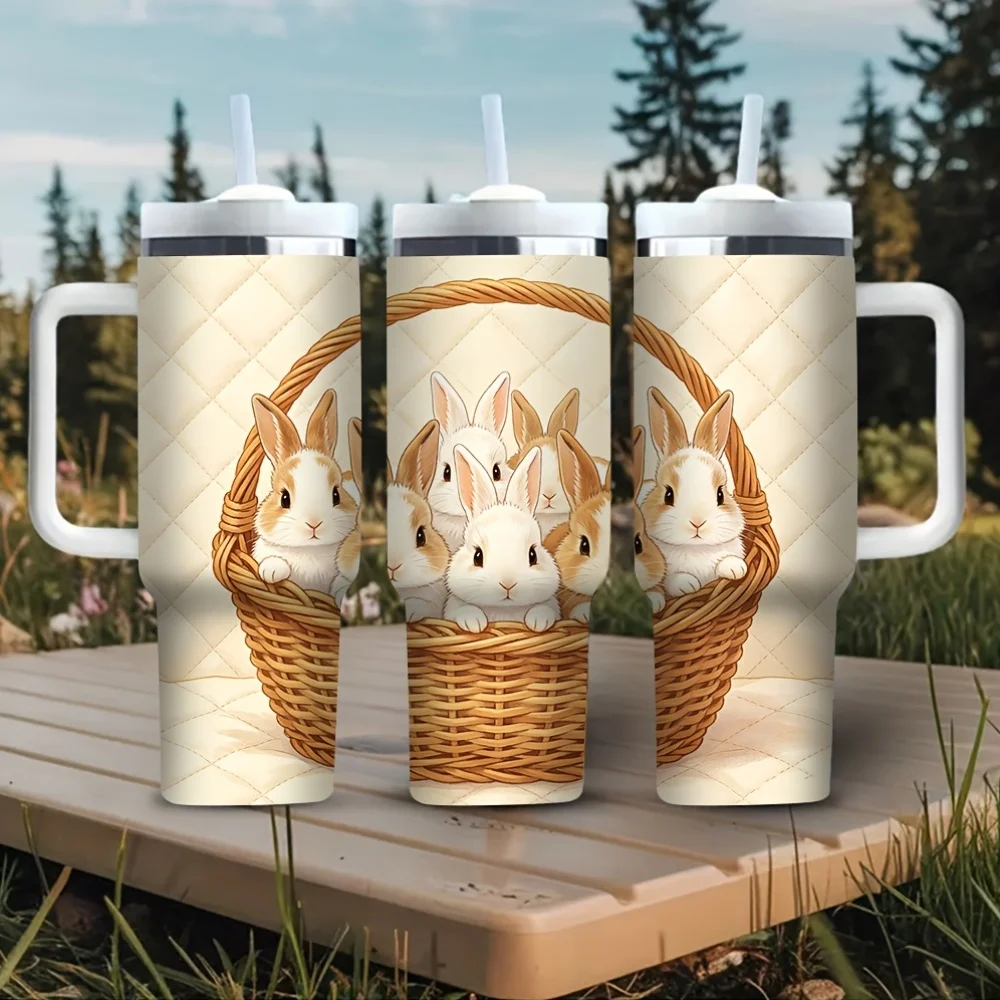 40Oz Tumbler with Handle, Cute Rabbit Bunny in Wicker Basket Print, Suitable for All People, Ideal for Outdoor Travel Camping Picnic Daily Home Use, Works for Both Hot And Cold Drinks