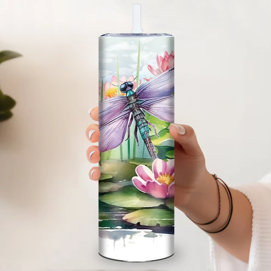 1Pc 3D Print Dragonfly Watercolor Tumbler 20oz Stainless Steel Party Straight Tumblers Tumbler Hot Cold Insulated Drink Bottle