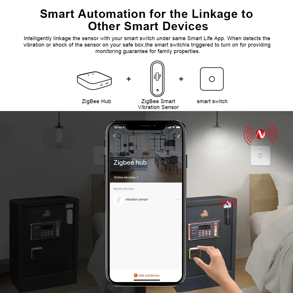 ONENUO-Tuya Smart Home ZigBee Vibração Sensor, Realtime Monitor App, Controle Remoto, Vida Inteligente, Self Defense Security Protection