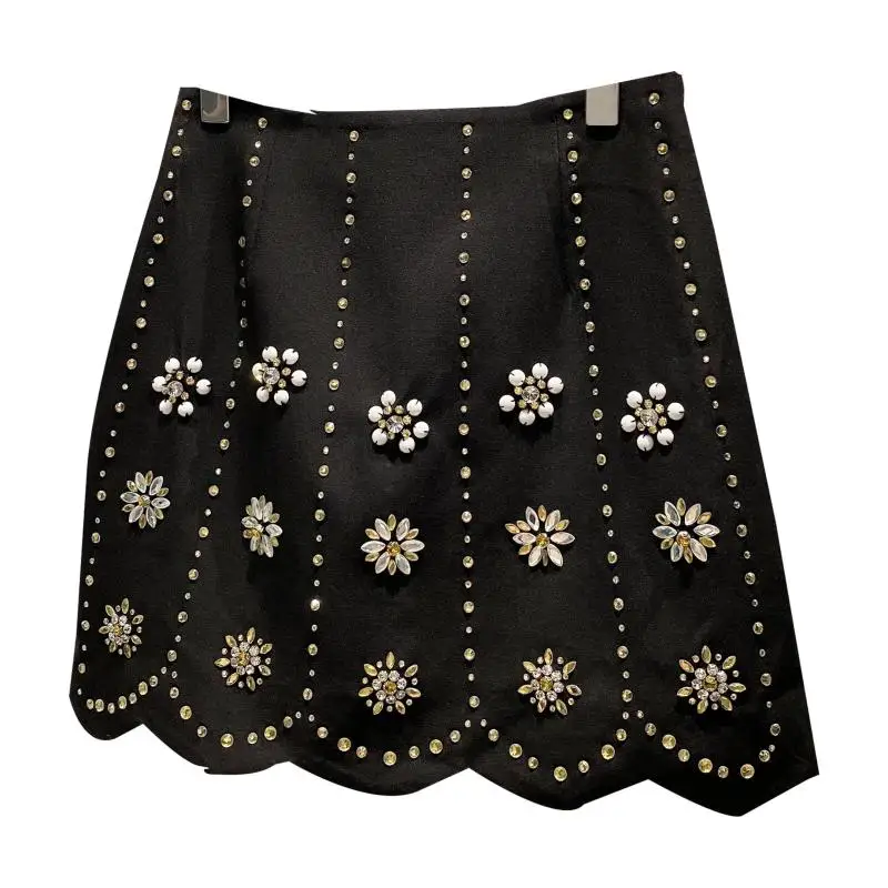 2024 Summer New Handmade 3D Rhinestone Flower Beaded Gradient A- Line Skirt High Waist Slimming Elegant Hot Girl Mini Skirts