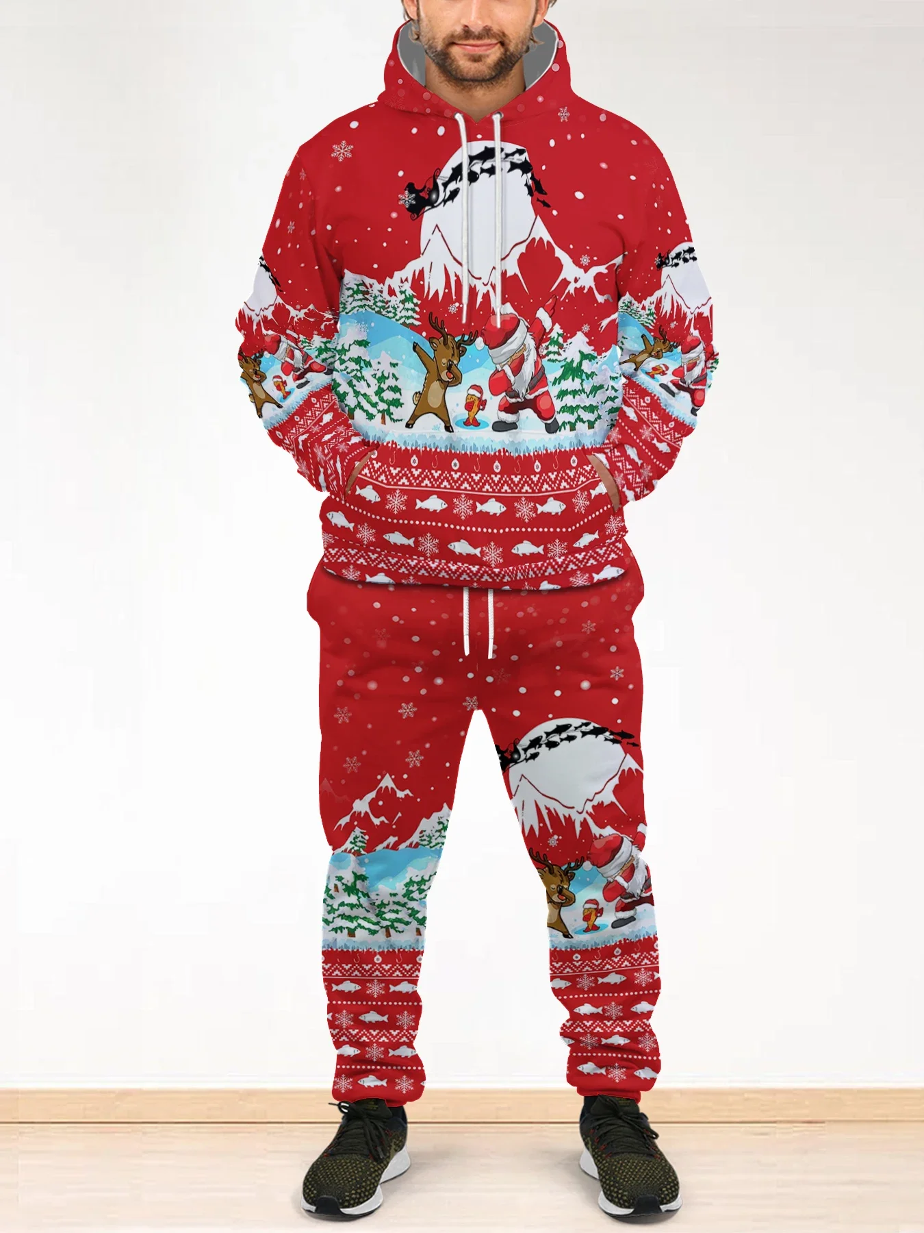 

Men Hoodie Christmas Graphic Santa Claus Elk Print Hooded Set Women Pullover Sweatshirt Fashion Unisex Street Jogging Suit