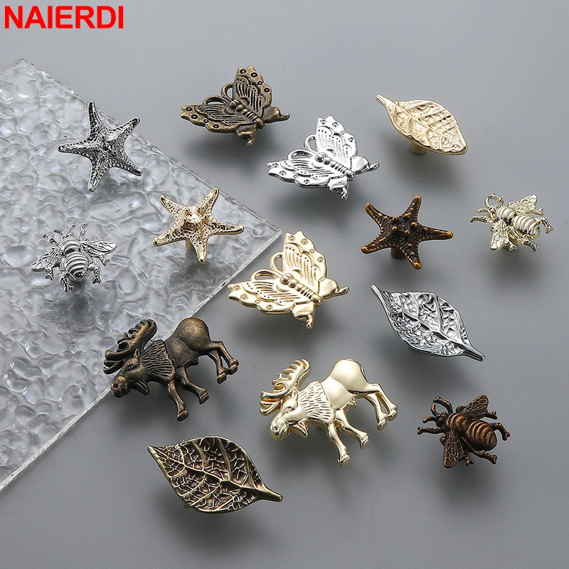 NAIERDI Retro Cabinet Knobs Plant Animal Shape Furniture Handle Zinc Alloy Drawer Dresser Knobs Gold Kitchen Handles Door Pulls