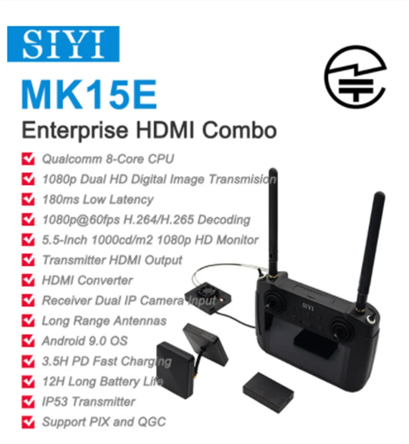 SIYI MK15E Mini HD Handheld Radio System Transmitter Remote Control 5.5-Inch 1080p 60fps 180ms FPV Japan MIC Certified