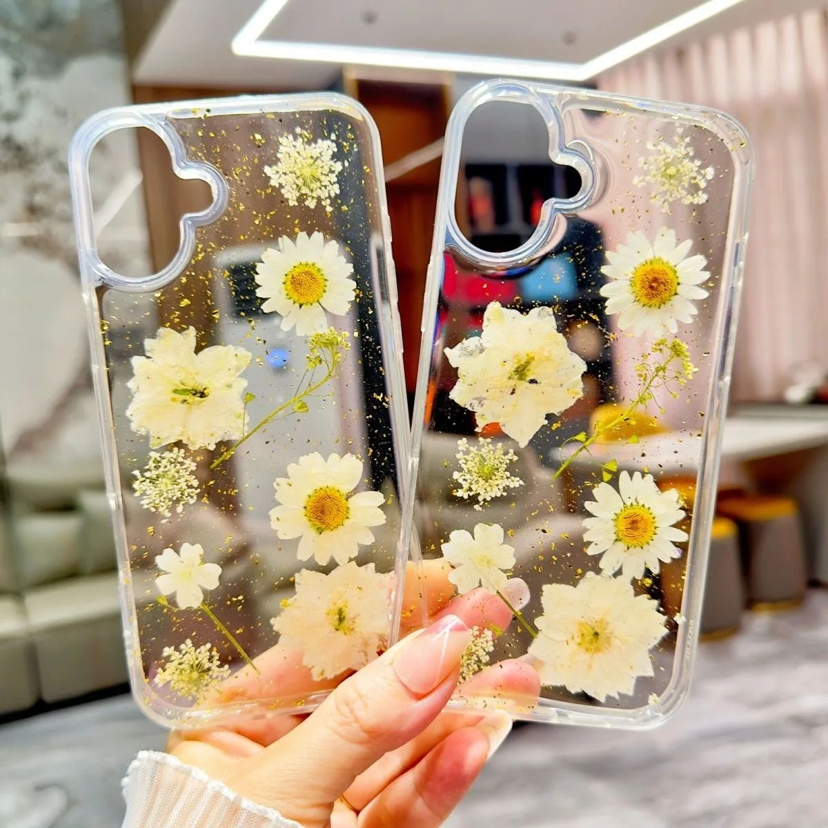 Floral Case For iPhone16 15 14 13 12 11 Pro Max X XS Max XR Luxury Shine Glitter Real Flower Clear Cover Dried Flowers Shell