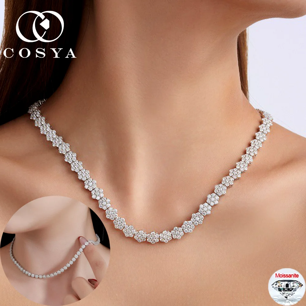 

COSYA полное муассанитовое ожерелье с цветком, 100% серебро S925, цвет D, сверкающая лабораторная бриллиантовая цепочка на шею для женщин и мужчин, ювелирные изделия