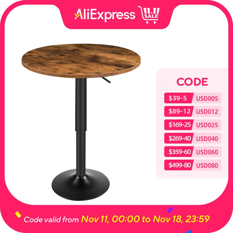 Bar Table, Height-Adjustable Round Pub Table 27-35.4 Inches, Cocktail Table with Sturdy Base, Modern Style