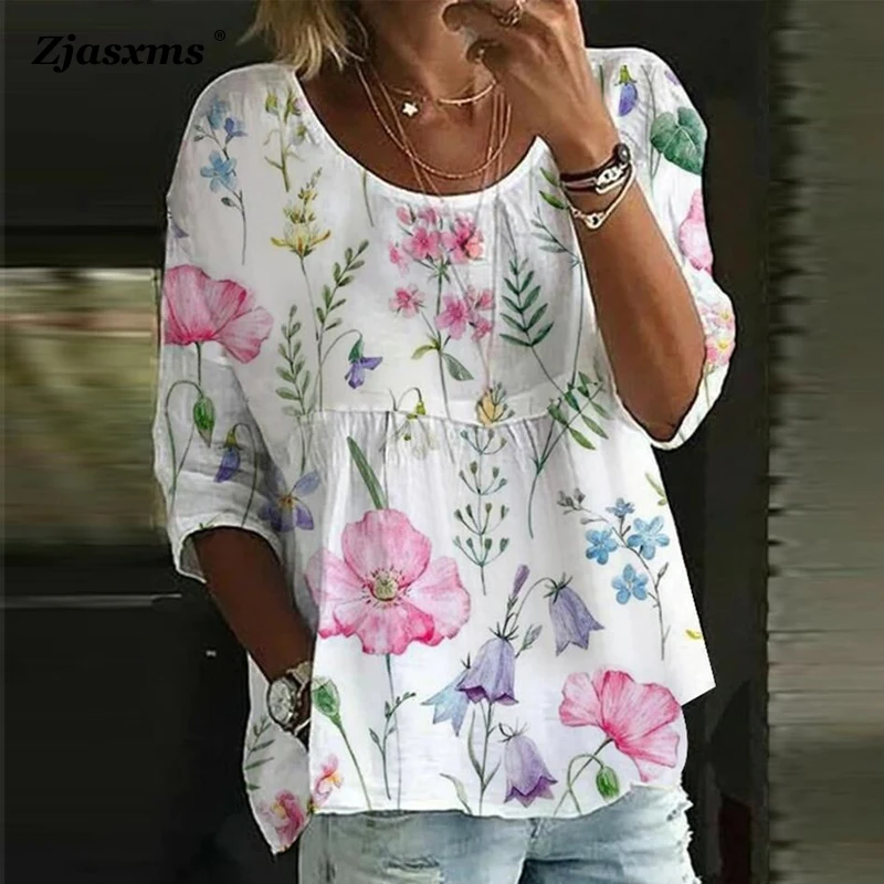 Casual Cotton Linen Print Blouse Elegant Spring Floral Print  Loose Tops Pullover Women Vintage Crew Neck  Office Lady Shirt Top