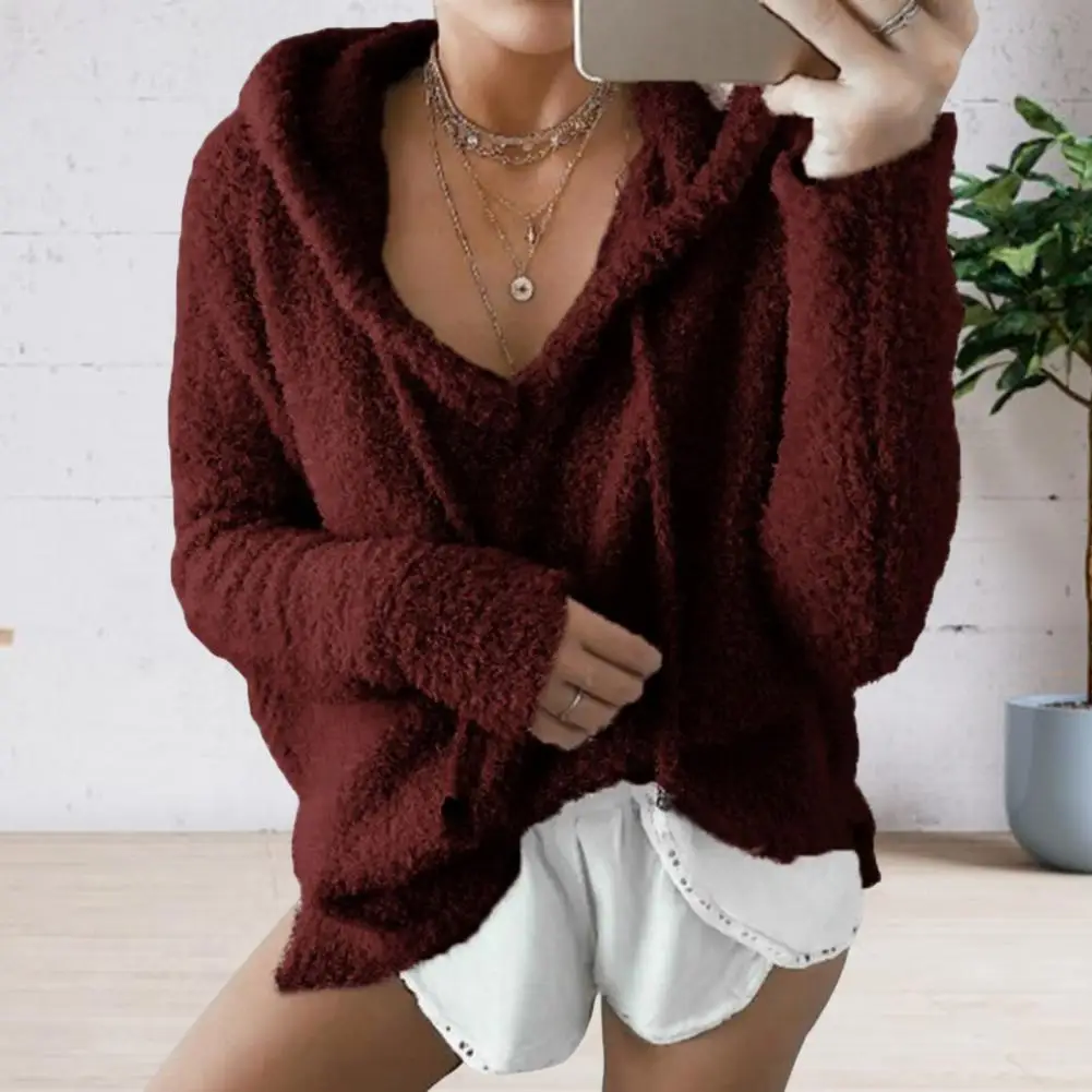 

Auutmn Winter Women Hoodie Drawstring Hooded Thick Fuzzy Sweatshirt Long Sleeves Loose Heat Retention Pullover Casual Sport Top