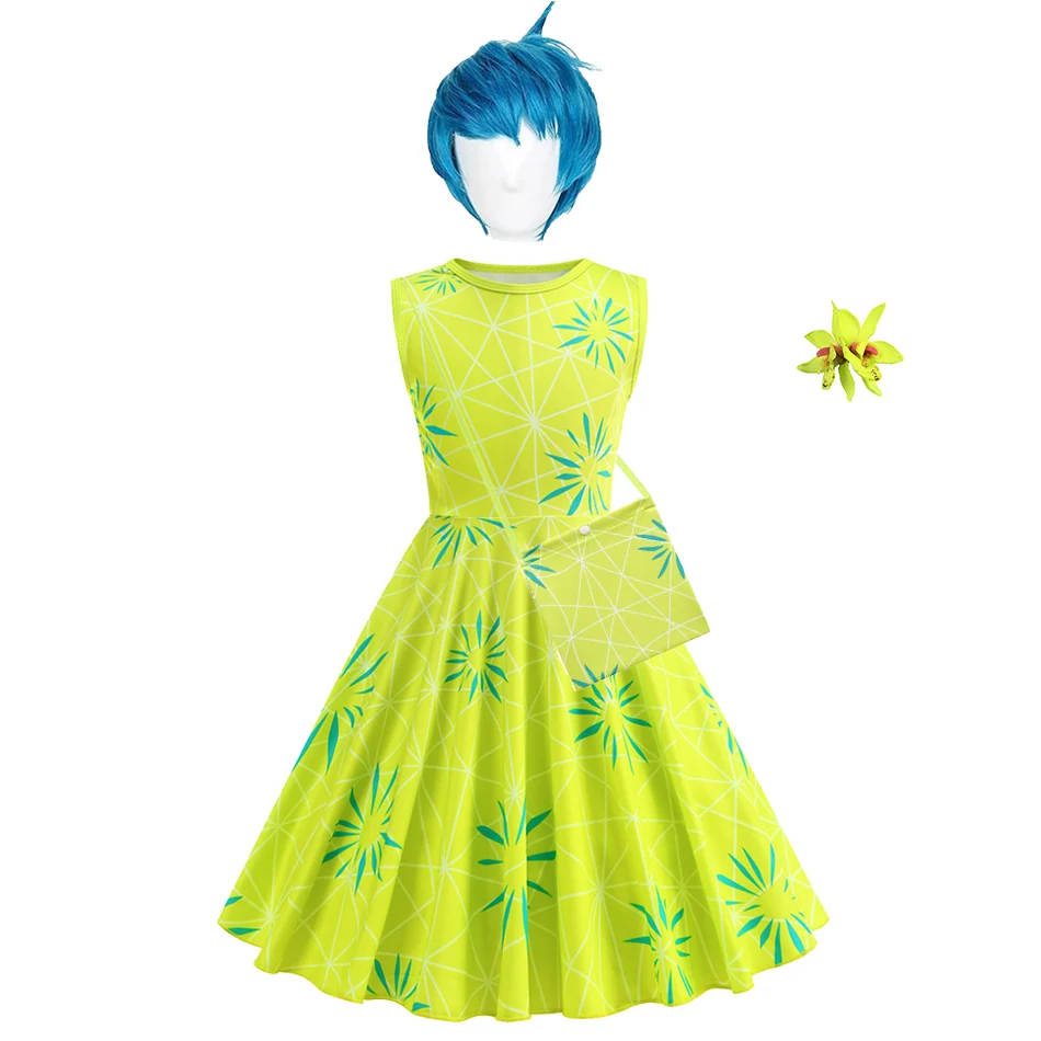 Disfraz de película para niños Inside And Out Joy, vestido sin mangas para niñas, trajes de princesa suaves y esponjosos florales amarillos de 2 a 10 años