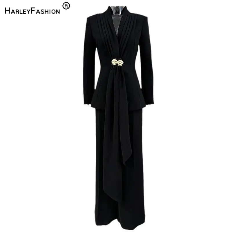 2024 Lady European Style Fashion New Designed Pleated Collar Office Suit Women Blazer Wide Leg Pants Solid Two-piece Sets