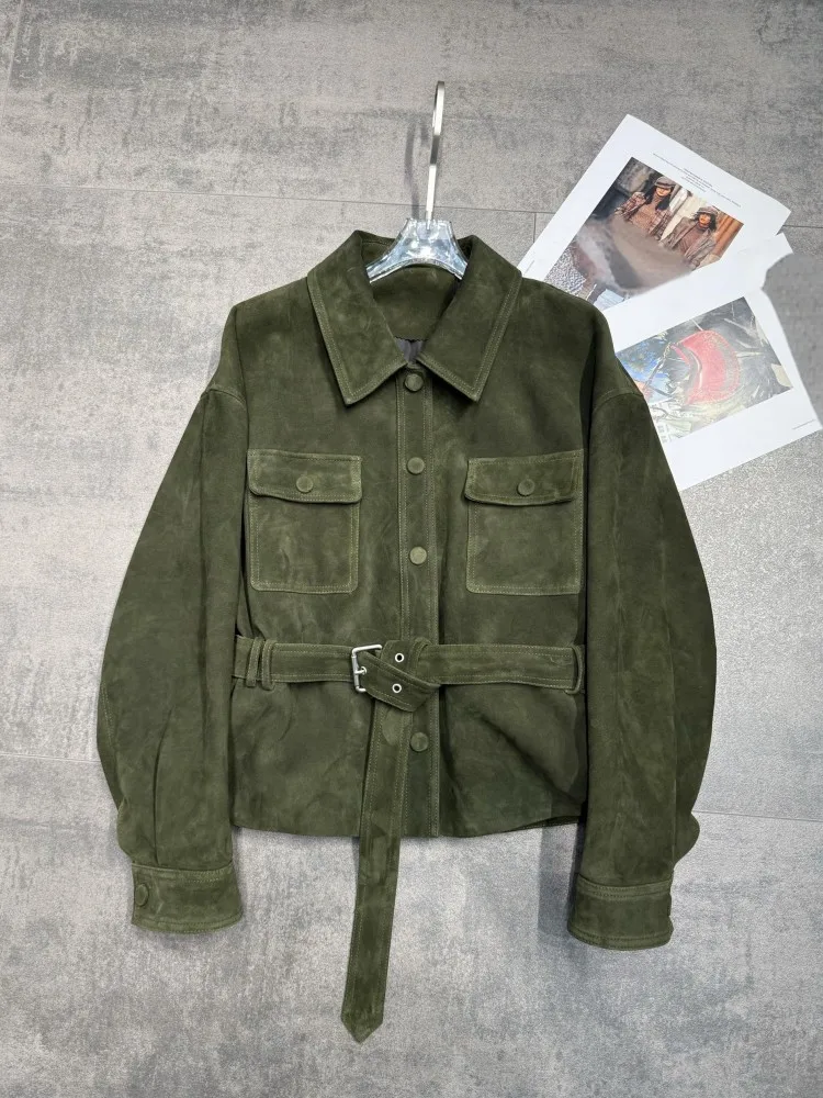 Suède geitenleer vintage cargojack dames enkele rij knopen hoge taille sjerpen streetwear echt leer motorfiets korte jas