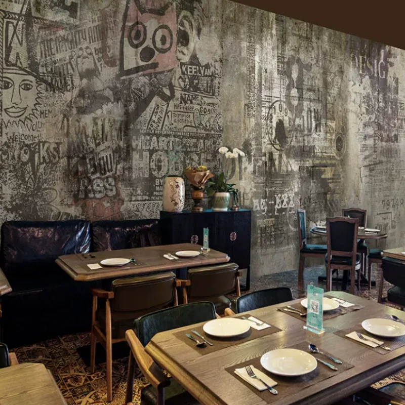 Custom Clothing Letter Graffiti Wallpaper European Retro Cement Industrial Style Bar Milk Tea Shop Living Room Background Mural
