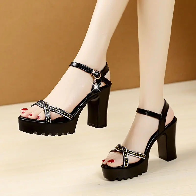 Women's High Heel Sandals with Chunky Platform New Summer Style One-Strap Thin Straps Combination Thick Sole Height Increase