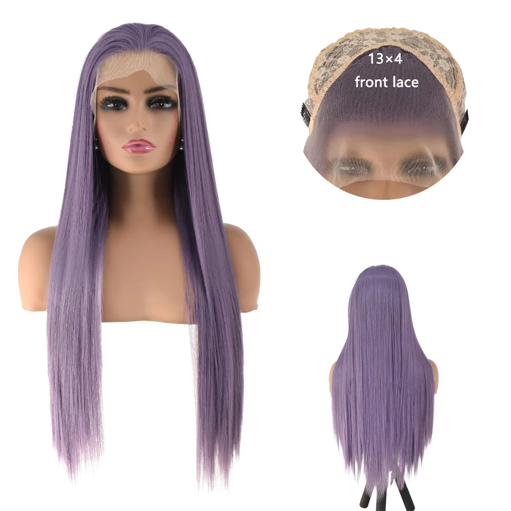 วิกผมสังเคราะห์แบบผูกเชือกด้านหน้า 13×4HD ขนาด 24 นิ้ว สีม่วง ผมตรง ความหนาแน่น 180% เหมาะสำหรับผู้หญิง ใช้ได้ทุกวันและงานปาร์ตี้ ไม่ต้องใช้กาว