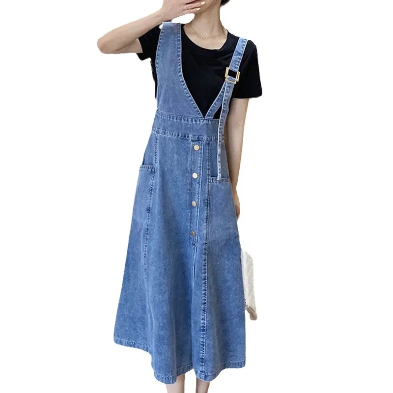 Casual Loose Overalls Dresses Summer Women Denim Dress Sundress Female Solid Adjustable Strap Jeans Dresses Straps Jean Vestidos