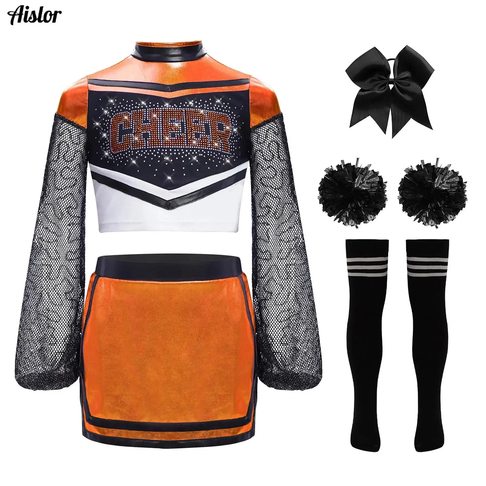 

Kids Girls Cheerleading Uniform Rhinestone Letters Hollow Out Mesh Long Sleeves Crop Top+Skirt+Headwear+Flower Balls+Socks 5Pcs