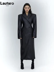 Lautaro Frühling Herbst lange schwarz taillierte weiche pu Leder Trenchcoat für Frauen mit Schulter polstern Luxus Designer Kleidung