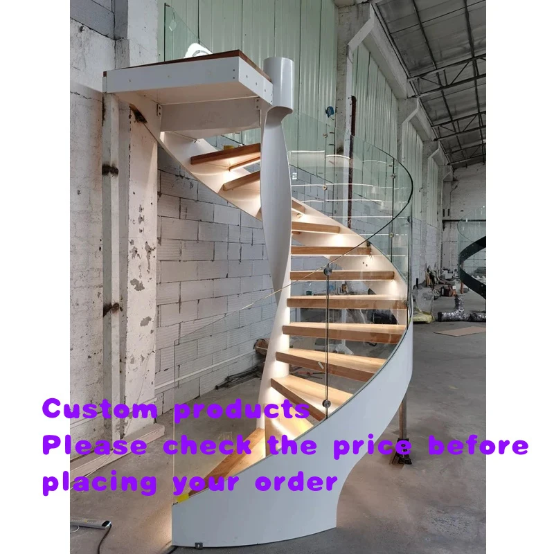 custom.Top Grade Prefab Carved Stairs Oak Wood Loft Fiberglass Tempered Glass Circular Staircase with Led Light