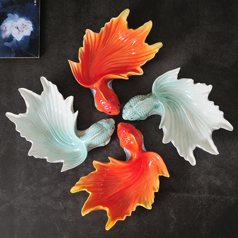 Ceramic Goldfish Statue Sweet Dish Ornamental Porcelain Pet Fish Tail Plate Living Room Fruits Serving Tableware Snack Decor