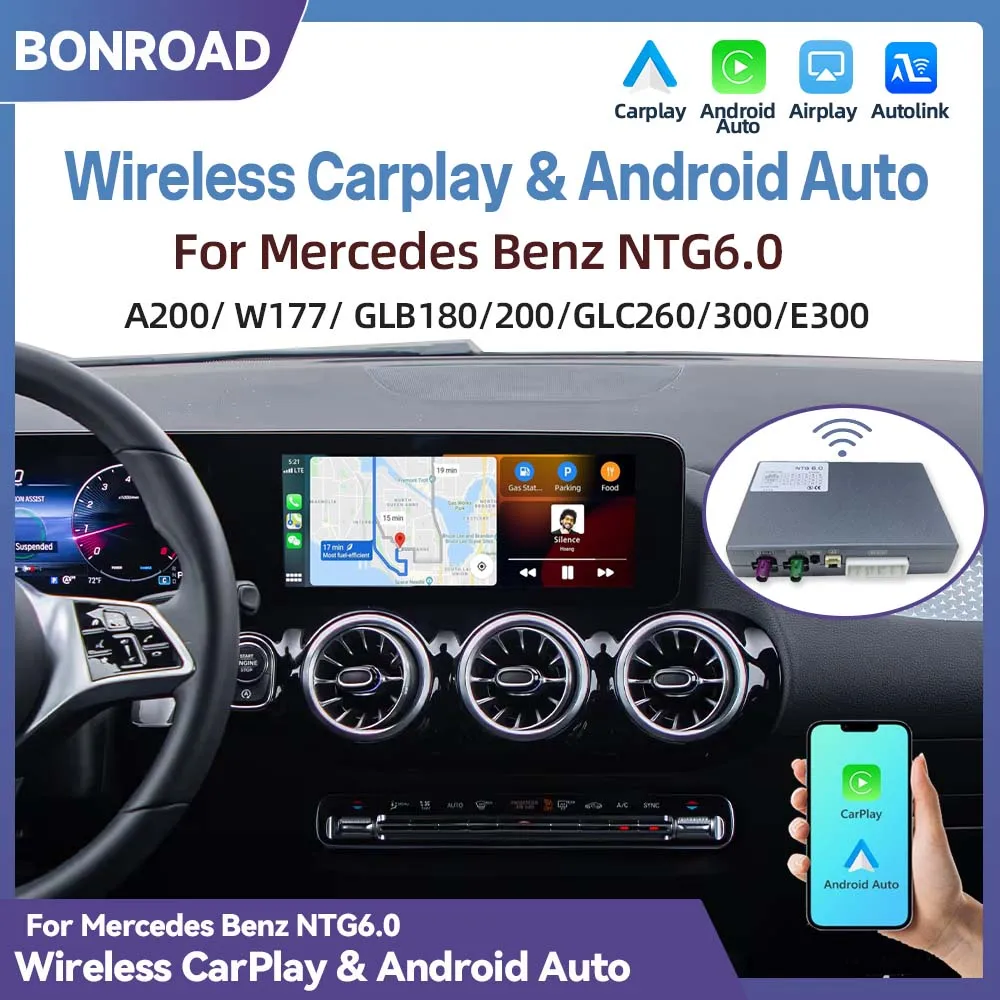 Adaptador inteligente inalámbrico BONROAD Android Auto CarPlay para Mercedes Benz 2019-2022 NTG6.0 A B C E CLS CLA GLA GLB Clase W177 W247 W213 W463 W447 C118 H247 X247 X253 X167 con AirPlay MirrorLink Bluetooth GPS Navegación Función Wifi