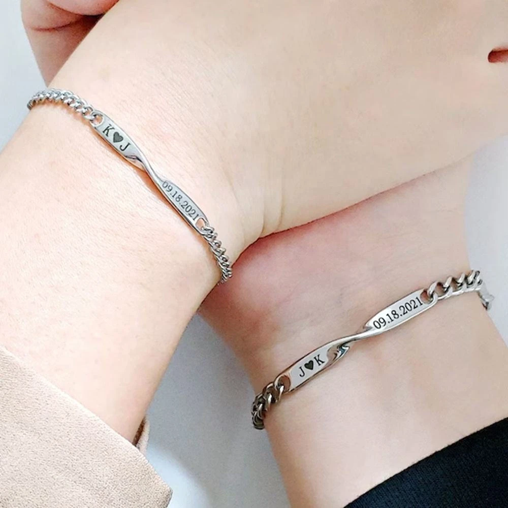 Couple's Customized Text Symbol Bracelet, DIY Engraved Stainless Steel
