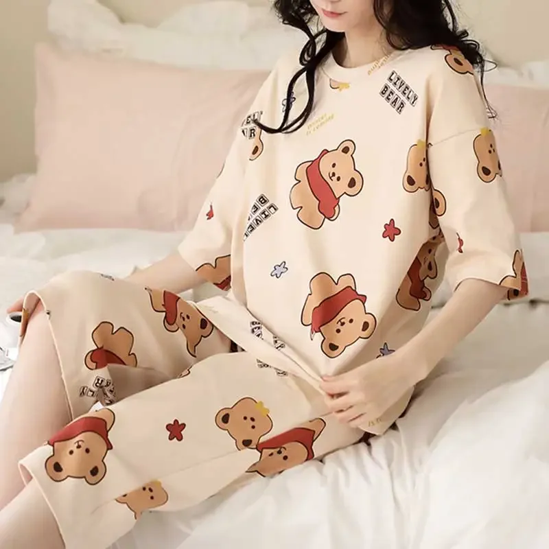 

Women Plus Size Pajama Set Cute Cartoon Star Bear Short Sleeve Cropped Pants Loose Soft Loungewear Two Piece Short Pajamas Set