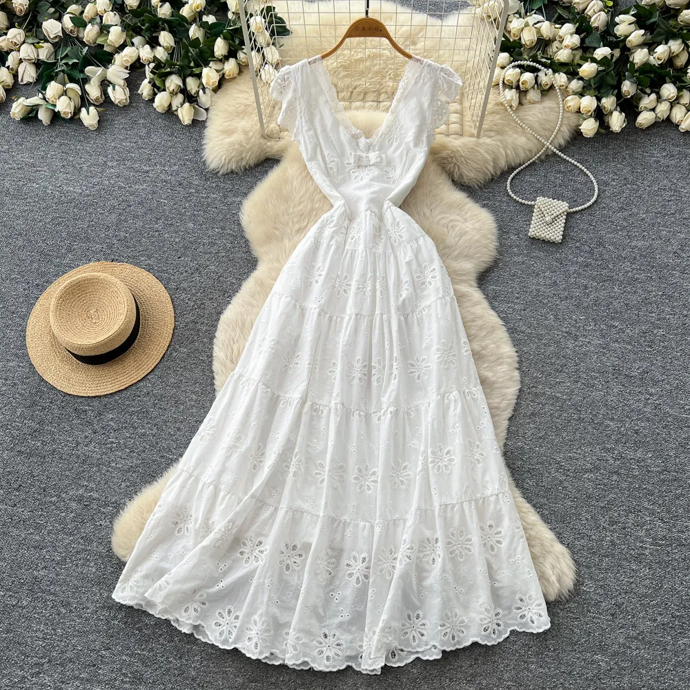 

Elegant hollow out sleeveless lace Chic dress beach vacation white Dresses Vintage summer french Women Clothing