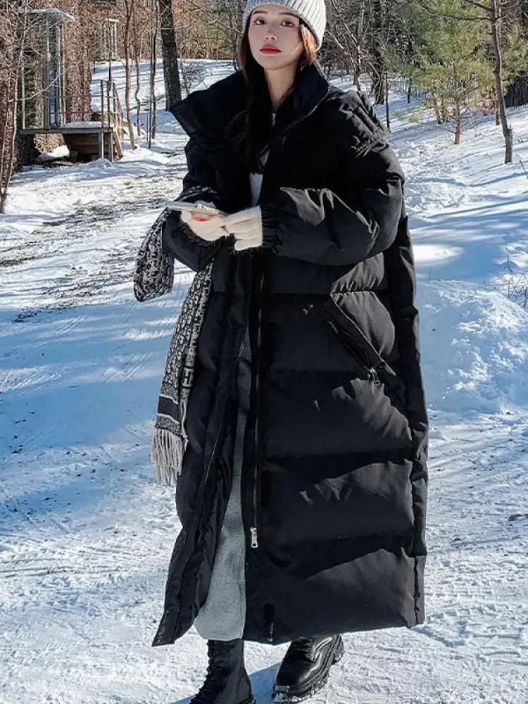 

Длинные пуховые хлопковые парки, женское пальто 2025 года, новое зимнее корейское свободное пальто средней длины, повседневное теплое толстое женское стеганое пальто с капюшоном