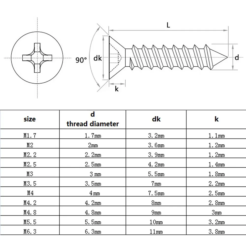 100pcs Black 304 A2-70 Stainless Steel M1.7 M2 M2.5 Cross Phillips Flat Countersunk Head Self Tapping Wood Screw GB846