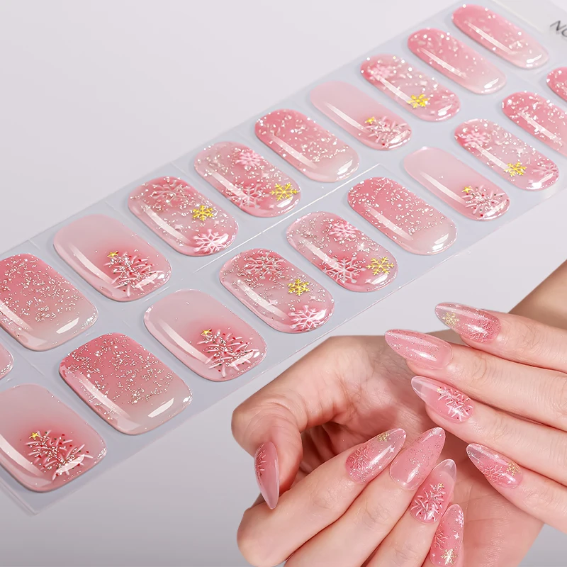20 Tips Kerst Semi-Gehezen Gel Nail Wraps Sneeuwpop Sneeuwvlok Gel Nail Sticker Langdurige Gel Manicure Decals decoratie