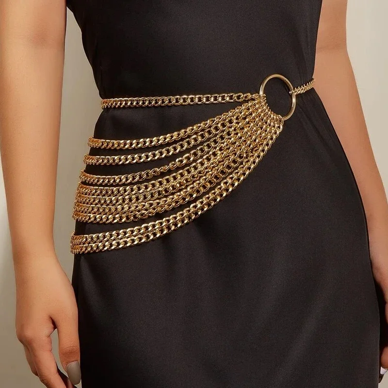

High Quality Fashion Heavy Tassel Gold Chain Belt Woman Dress Long Adjustable Designer Metal Belts For Women Formal Accessory