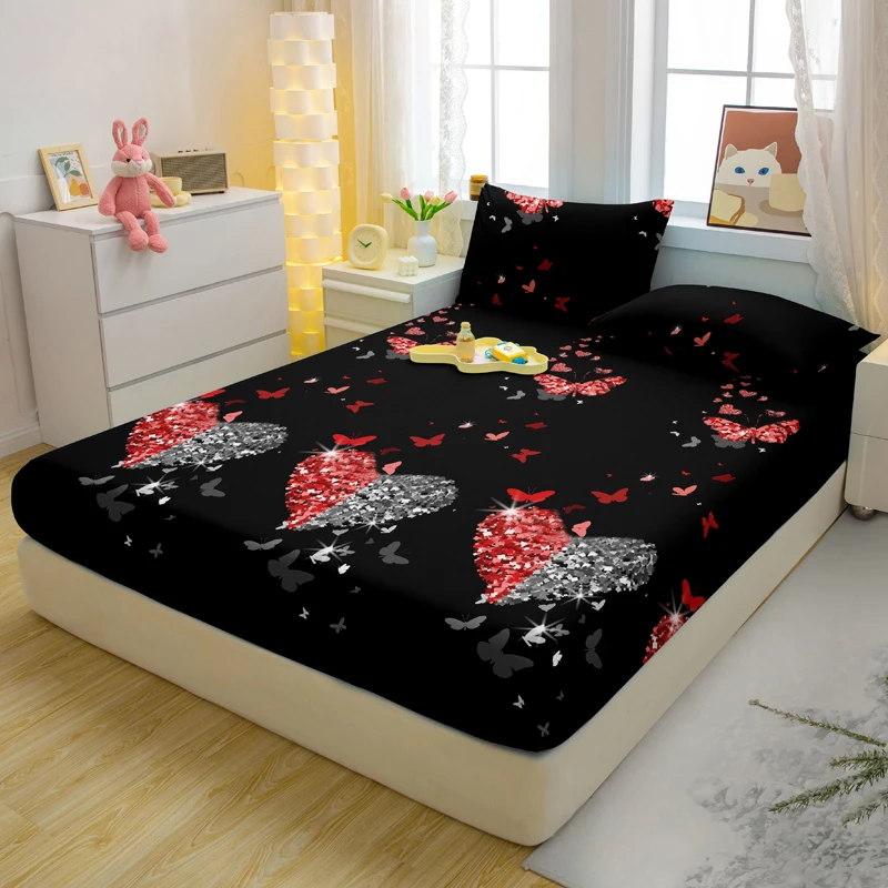 1 Simple Modern Heart-Shaped Printed Matte Fitted Sheet, Bedroom Printed Bed Cover, Bedding (Excluding Pillowcases)