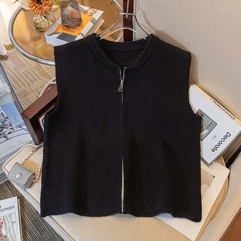 Autumn Winter Premium Simple Zipper Women Waistcoat Solid Color Loose O-Neck Versatile Sleeveless Casual Knitted Female Tops