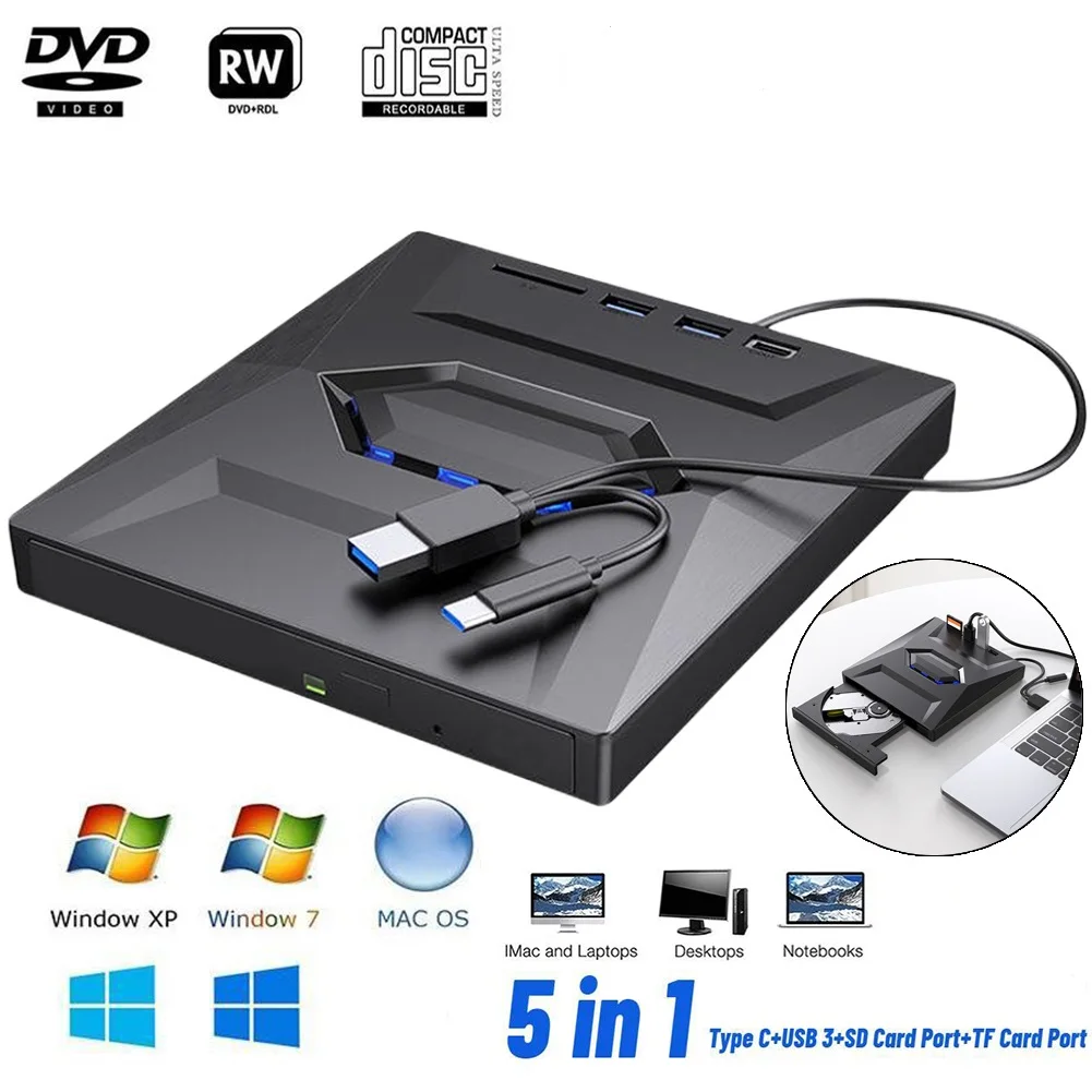 

5 in 1 USB 3.0 Type-C External CD DVD Drive With SD/TF & USB 3.0 Slots DVD Burner RW CD VCD Optical Drive Reader For Laptop PC