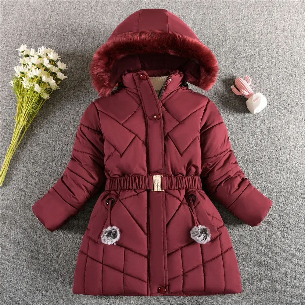 

New Winter Girls Jacket Thicken Keep Warm Fashion Princess Coat Hooded Zipper Fur Collar Girls Outerwear 5-12 Years Kids Clothes