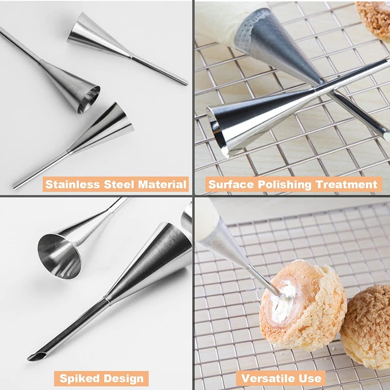 4/قطعة فوهات معجنات منفوخة طويلة من الفولاذ المقاوم للصدأ أطراف أنابيب للتزيين كب كيك طقم أطراف لتزيين الكعك أدوات لملء الكعك والكريمة