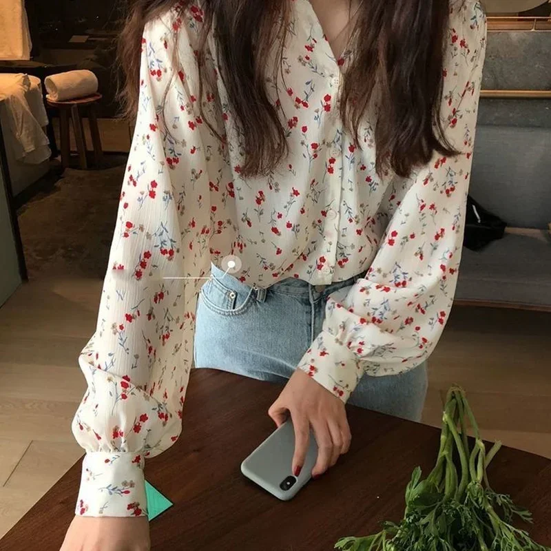 Floral Blouses Women Elegant Ulzzang V-neck Chic Blusas Mujer Long Sleeve Spring Casual All-match Cozy Feminine Hipster Hot Sale