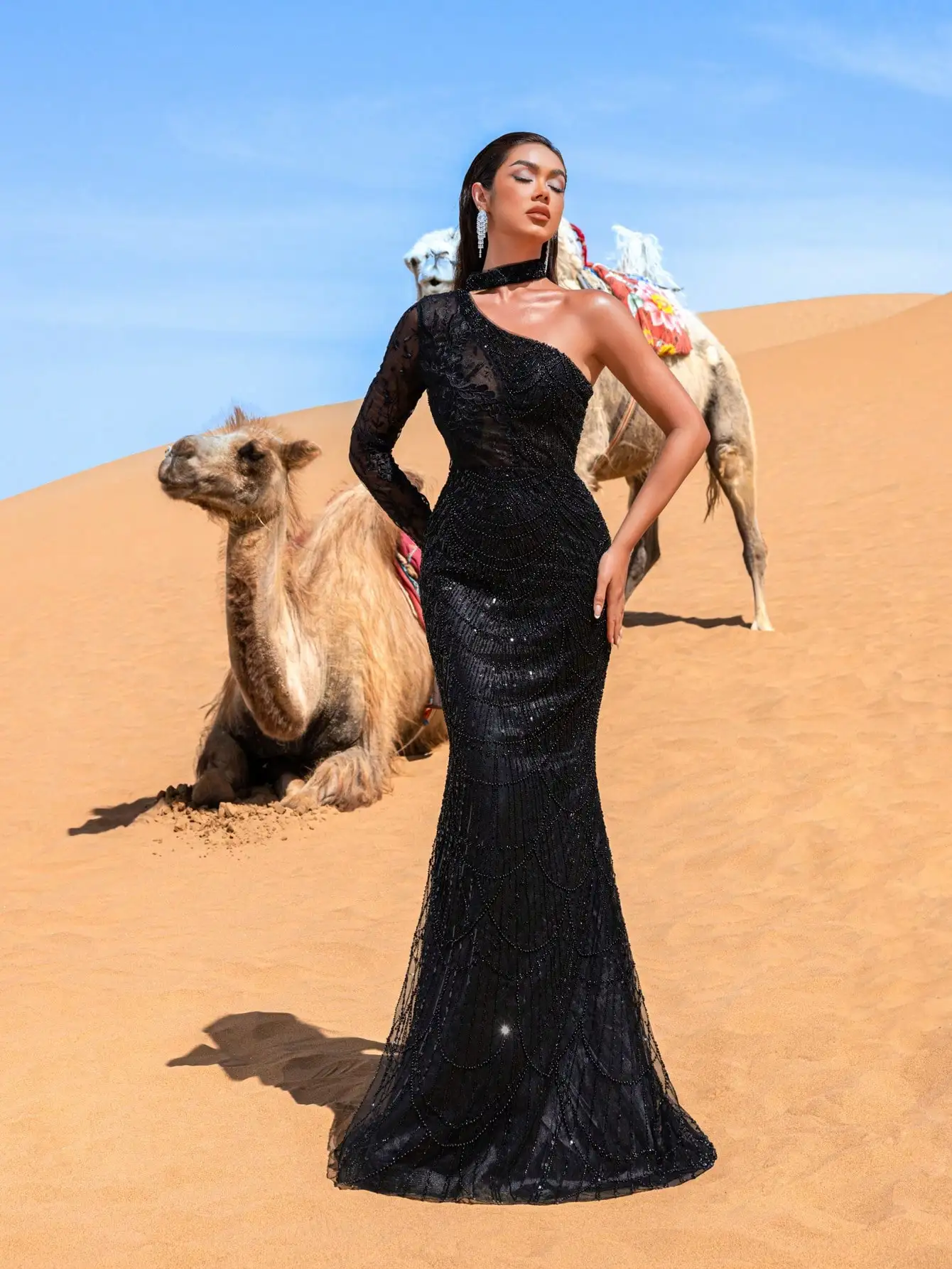 Haute Glamour Elegantes, perlenbesetztes One-Shoulder-Meerjungfrau-Abendkleid – taillierte Fischschwanz-Silhouette mit Hervorhebung der Kurven für Hochzeiten, G