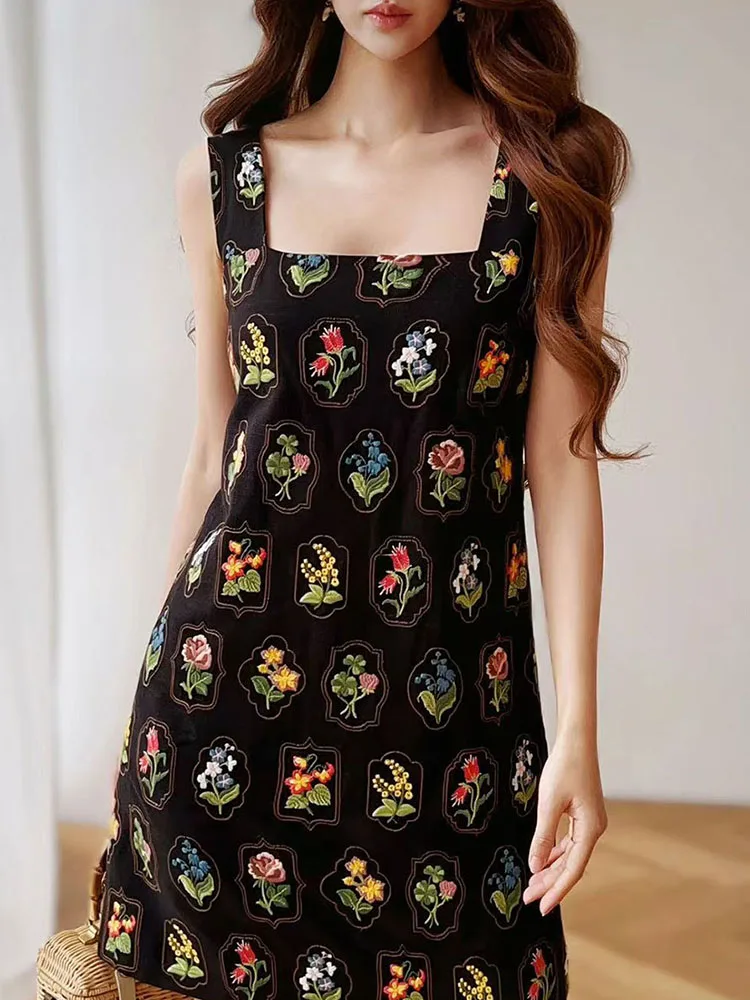 Zomer Borduren Spaghetti Jurk Damesjurk Vierkante Kraag Zonnejurk Knielange A-lijn Rok Y2K 2025, DABUWAWA DM2BDX003