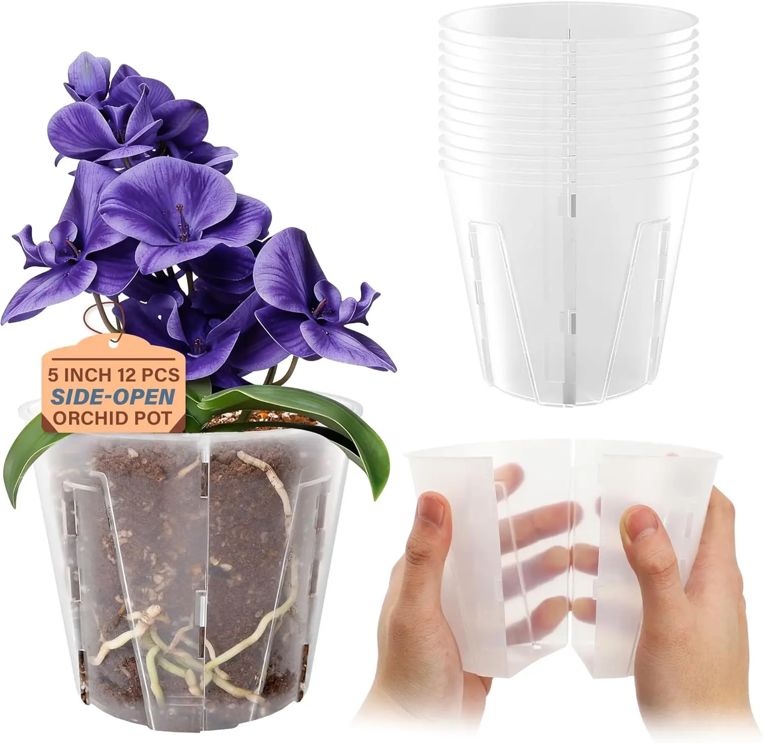 

5 Inch Side-Open Orchid Pots 12 Pack, Plastic Nursery Planters with Detachable Side Walls for Easy Repotting, Breathable