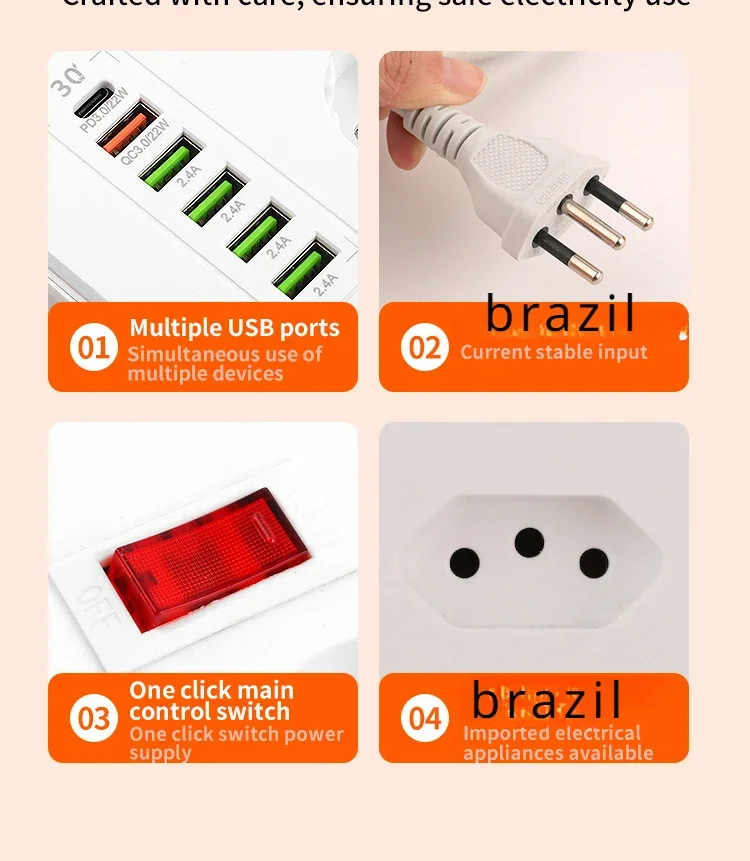 Power Strip Electrical Socket BR 15A Brazil Plug with Usb Type-c PD22W Extension Code Cable Office Brazilian AC Outlet Multitap