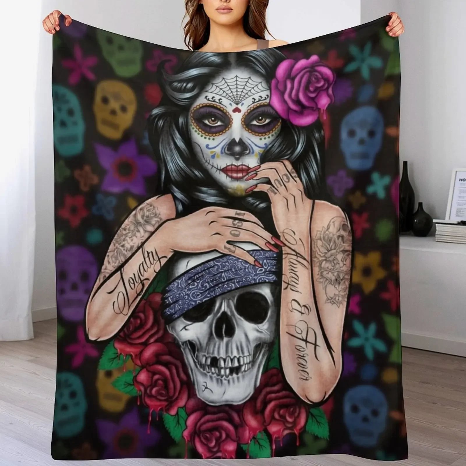 sugar skull floral Tattoo girl day of the dead Throw Blanket Luxurious Soft Fuzzy Blanket for Sofa Bed
