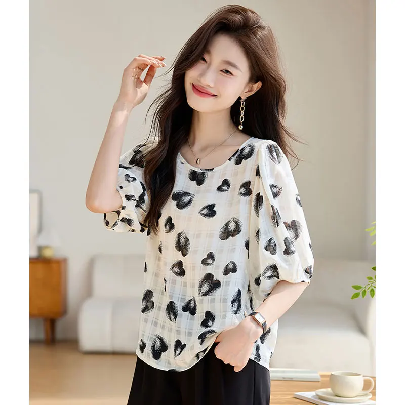 Women's Summer Fashion Elegant Simplicity Printing O-neck Short Sleeve Chiffon Shirt Women Clothes Temperament Casual Loose Tops