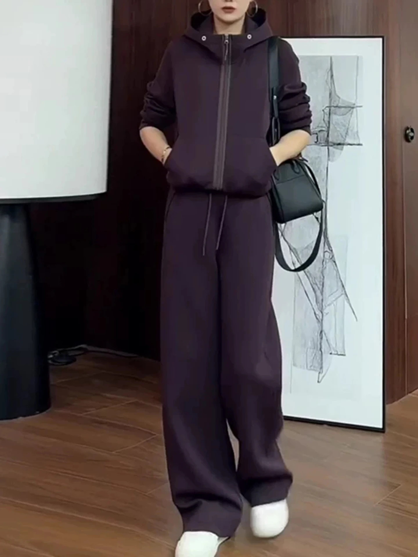 Elegant Purple Casual Sportswear Set Women's High Waist Wide Leg Pants Top Two-Piece Suit Anti-Wrinkle Spring Autumn Fashion