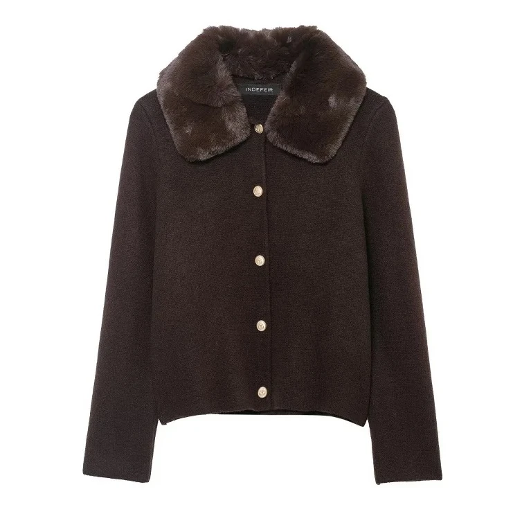 

Faux Fur Effect Turn-down Collar Long Sleeve Single Breasted Knitted Coat Women Casual Versatile Tops Female Chic Wear