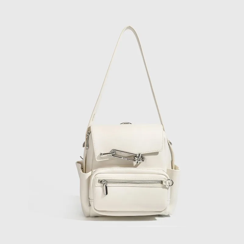 Smooth Faux Leather Shoulder Bag For Women Metal Carabiner Lock Multi Zipper Pockets Adjustable Strap Punk Daily Crossbody Purse